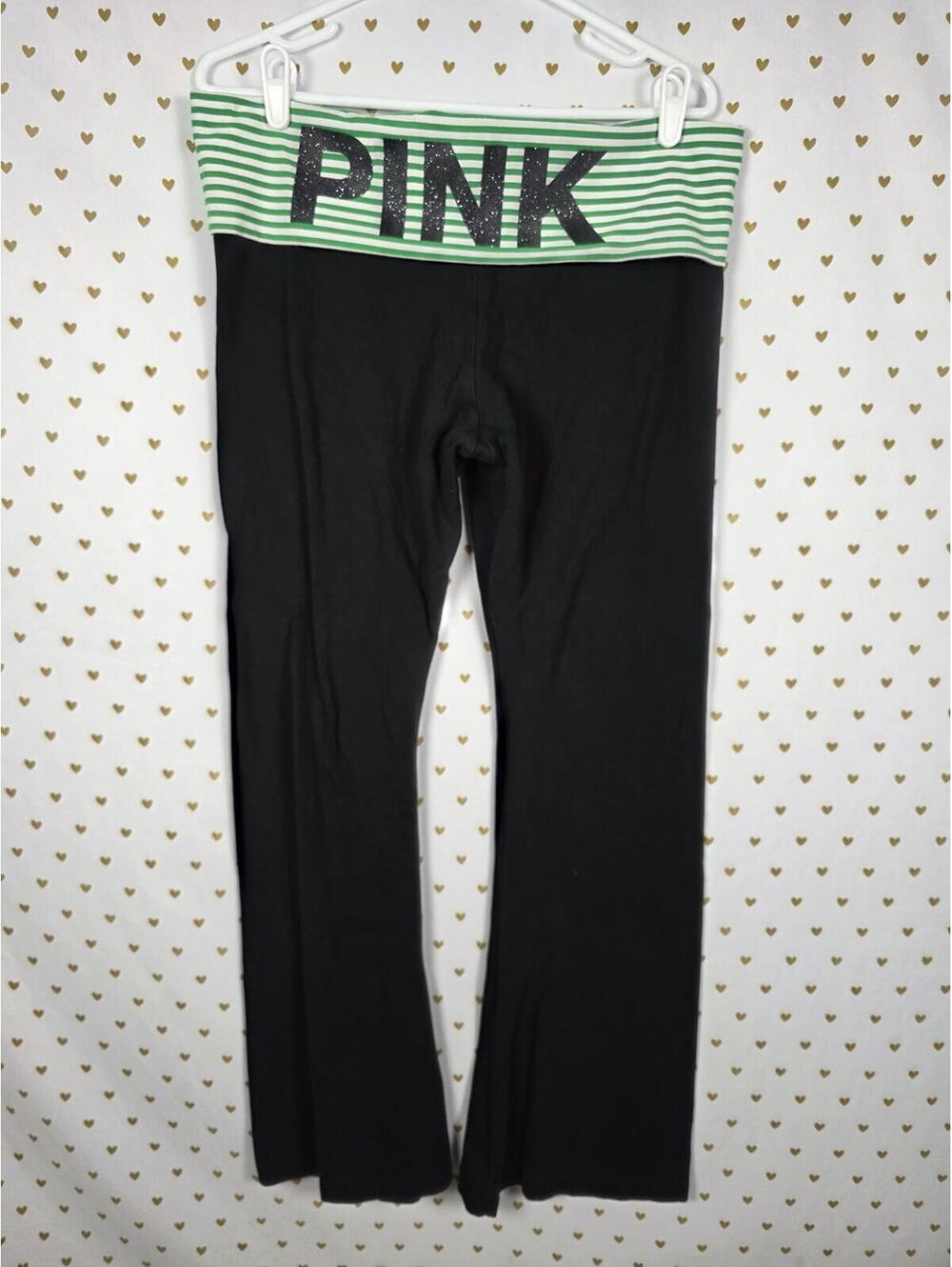 Victorias Secret PINK Green Stripe Glitter Bling FOLDOVER YOGA PANTS Flared XL - Picture 1 of 5